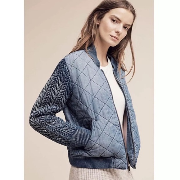 Anthropologie Cloth & Stone Quilted Chambray Bomber Jacket Small - Picture 1 of 10